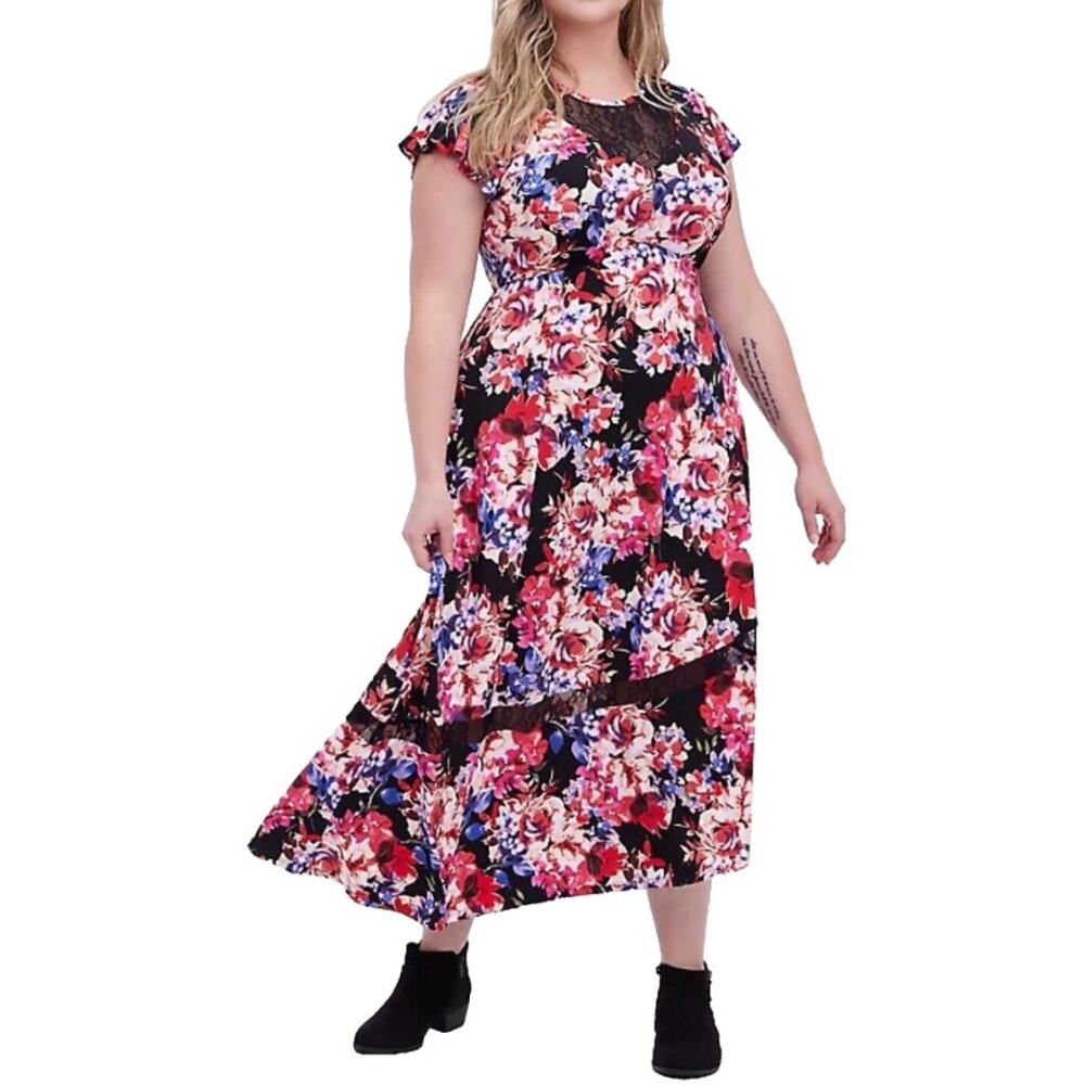 TORRID Stretch Maxi Dress Women's Sz 0 L/12 Multicolor Floral Red Purple Black
